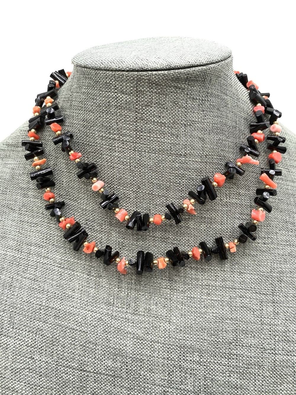 Vintage Necklace black tube beads and pink coral beads 1/20 14k gold clasp 36”
